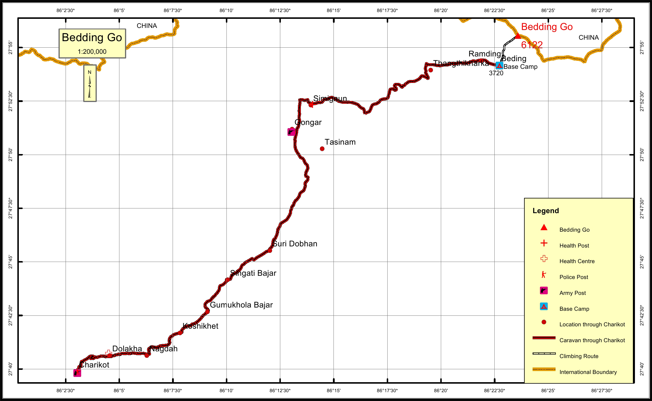 Route map for Bedding Go Peak Climbing